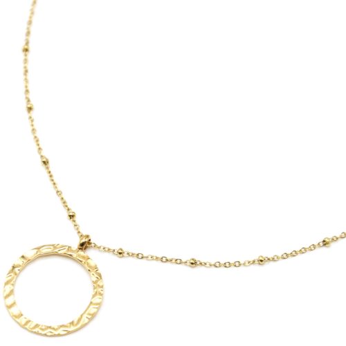 Collier-Chaine-Boules-Pendentif-Cercle-Contour-Martele-Acier-Dore