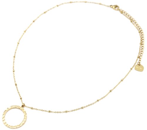 Collier-Chaine-Boules-Pendentif-Cercle-Contour-Martele-Acier-Dore