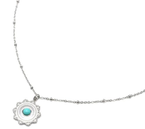 Collier-Chaine-Boules-Pendentif-Soleil-Acier-Argente-et-Pierre-Turquoise