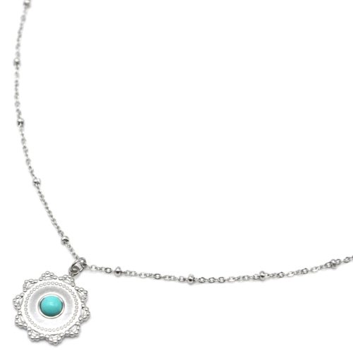 Collier-Chaine-Boules-Pendentif-Soleil-Acier-Argente-et-Pierre-Turquoise