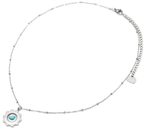 Collier-Chaine-Boules-Pendentif-Soleil-Acier-Argente-et-Pierre-Turquoise