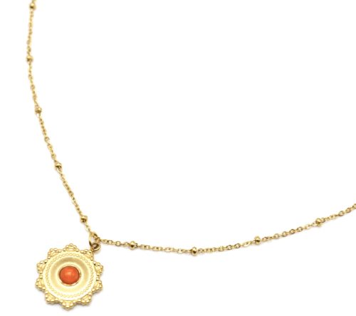 Collier-Chaine-Boules-Pendentif-Soleil-Acier-Dore-et-Pierre-Orange