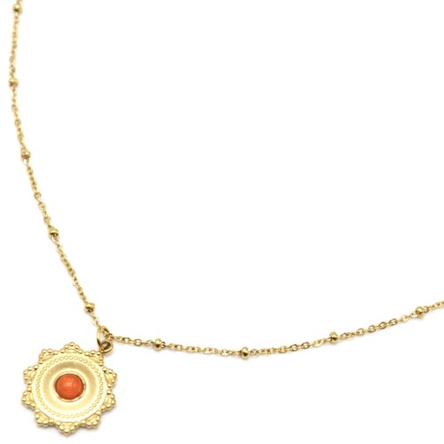 Collier-Chaine-Boules-Pendentif-Soleil-Acier-Dore-et-Pierre-Orange