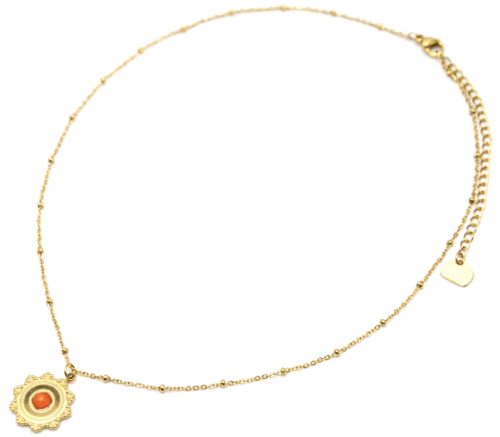 Collier-Chaine-Boules-Pendentif-Soleil-Acier-Dore-et-Pierre-Orange