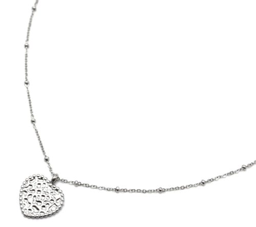 Collier-Chaine-Boules-Pendentif-Coeur-Martele-Acier-Argente