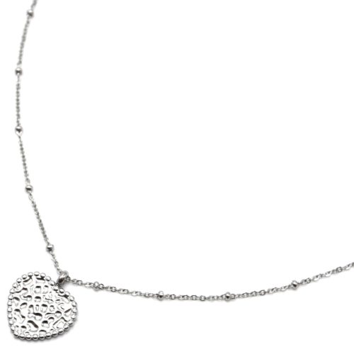 Collier-Chaine-Boules-Pendentif-Coeur-Martele-Acier-Argente