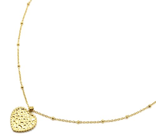 Collier-Chaine-Boules-Pendentif-Coeur-Martele-Acier-Dore