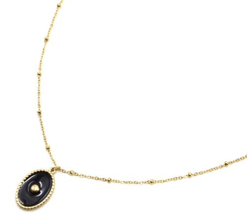 Collier-Chaine-Boules-Acier-Dore-Pendentif-Ovale-Email-Noir-Motif-Point