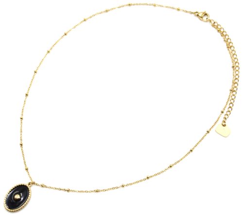 Collier-Chaine-Boules-Acier-Dore-Pendentif-Ovale-Email-Noir-Motif-Point