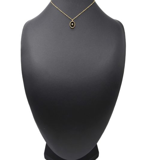 Collier-Chaine-Boules-Acier-Dore-Pendentif-Ovale-Email-Noir-Motif-Point