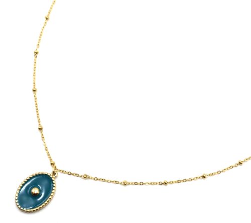 Collier-Chaine-Boules-Acier-Dore-Pendentif-Ovale-Email-Bleu-Motif-Point