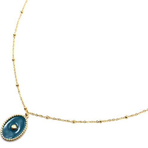 Collier-Chaine-Boules-Acier-Dore-Pendentif-Ovale-Email-Bleu-Motif-Point