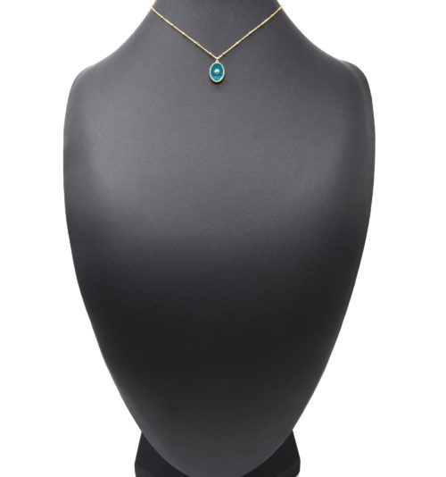 Collier-Chaine-Boules-Acier-Dore-Pendentif-Ovale-Email-Bleu-Motif-Point