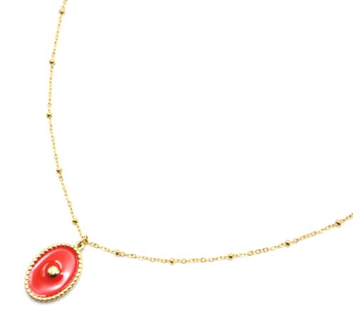 Collier-Chaine-Boules-Acier-Dore-Pendentif-Ovale-Email-Orange-Motif-Point