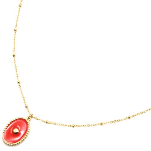 Collier-Chaine-Boules-Acier-Dore-Pendentif-Ovale-Email-Orange-Motif-Point