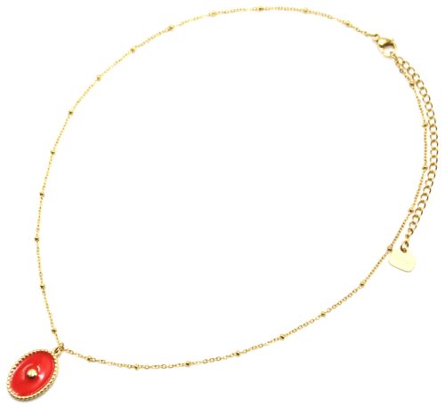 Collier-Chaine-Boules-Acier-Dore-Pendentif-Ovale-Email-Orange-Motif-Point