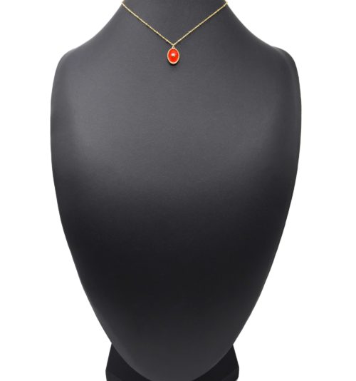 Collier-Chaine-Boules-Acier-Dore-Pendentif-Ovale-Email-Orange-Motif-Point