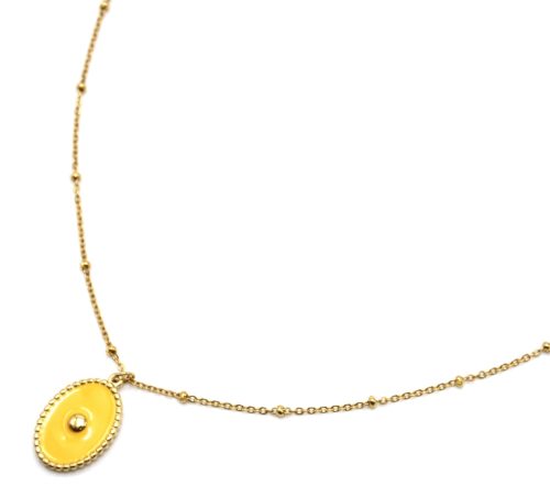 Collier-Chaine-Boules-Acier-Dore-Pendentif-Ovale-Email-Moutarde-Motif-Point
