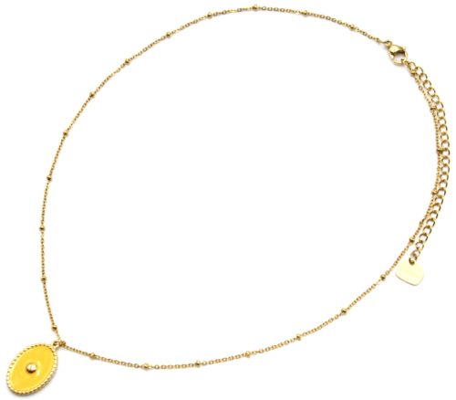 Collier-Chaine-Boules-Acier-Dore-Pendentif-Ovale-Email-Moutarde-Motif-Point