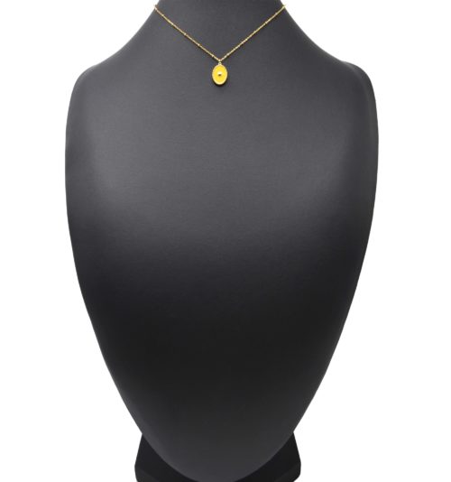 Collier-Chaine-Boules-Acier-Dore-Pendentif-Ovale-Email-Moutarde-Motif-Point