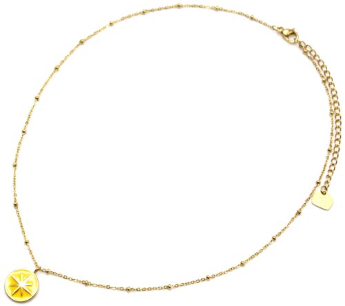 Collier-Chaine-Boules-Acier-Dore-Pendentif-Cercle-Moutarde-Motif-Etoile-Polaire