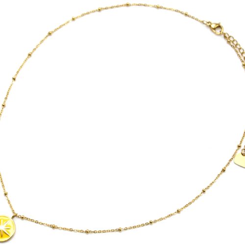 Collier-Chaine-Boules-Acier-Dore-Pendentif-Cercle-Moutarde-Motif-Etoile-Polaire