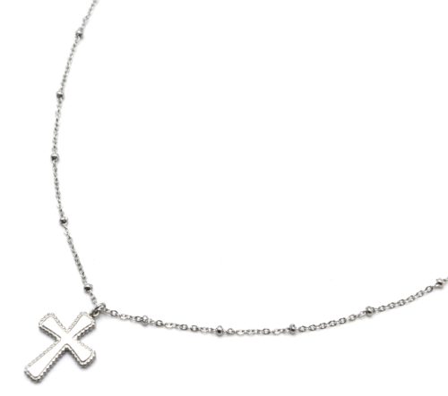 Collier-Chaine-Boules-Pendentif-Croix-Contour-Points-Acier-Argente