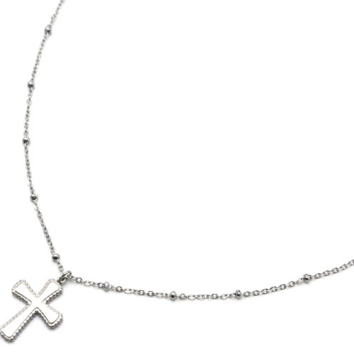 Collier-Chaine-Boules-Pendentif-Croix-Contour-Points-Acier-Argente