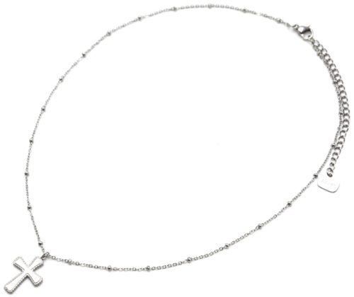 Collier-Chaine-Boules-Pendentif-Croix-Contour-Points-Acier-Argente