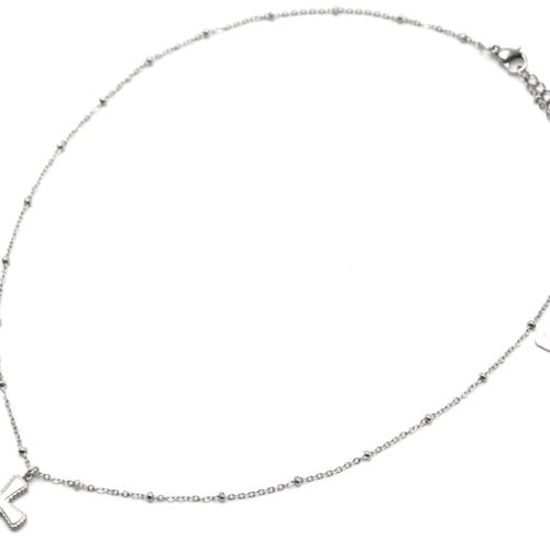 Collier-Chaine-Boules-Pendentif-Croix-Contour-Points-Acier-Argente