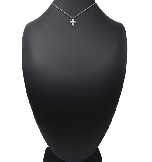 Collier-Chaine-Boules-Pendentif-Croix-Contour-Points-Acier-Argente