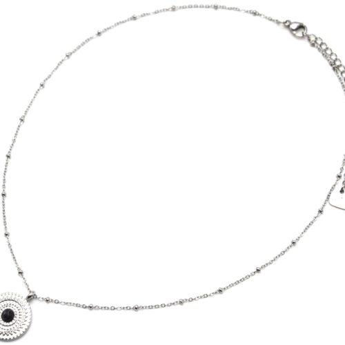 Collier-Chaine-Boules-Pendentif-Cercle-Grave-Ethnique-Acier-Argente-et-Pierre-Marbre-Noir