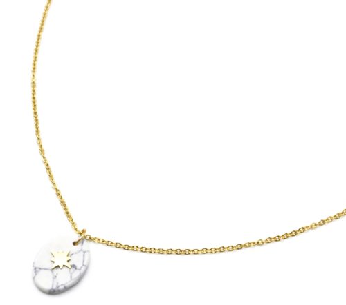 Collier-Fine-Chaine-Acier-Dore-avec-Pierre-Ovale-Effet-Marbre-Blanc-Motif-Etoile-Polaire