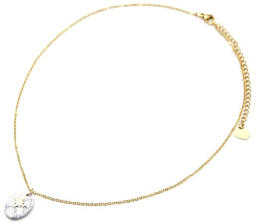 Collier-Fine-Chaine-Acier-Dore-avec-Pierre-Ovale-Effet-Marbre-Blanc-Motif-Etoile-Polaire