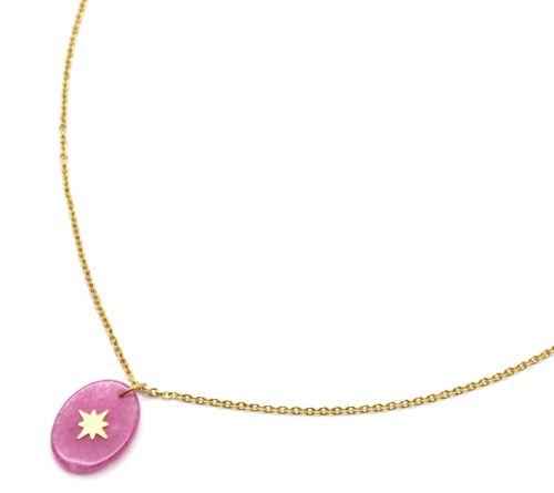 Collier-Fine-Chaine-Acier-Dore-avec-Pierre-Ovale-Effet-Naturel-Mauve-Motif-Etoile-Polaire