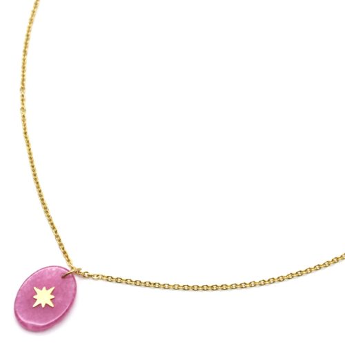 Collier-Fine-Chaine-Acier-Dore-avec-Pierre-Ovale-Effet-Naturel-Mauve-Motif-Etoile-Polaire