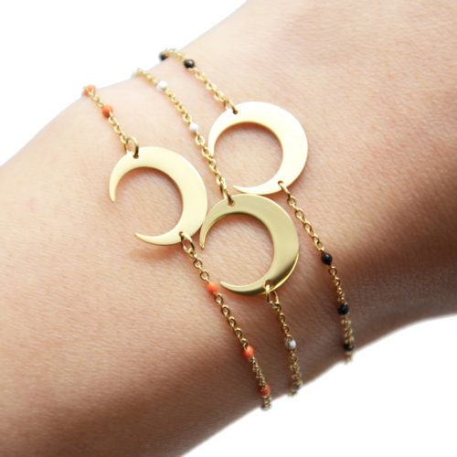Bracelet-Fine-Chaine-Mini-Perles-Email-avec-Corne-Lune-Acier-Dore