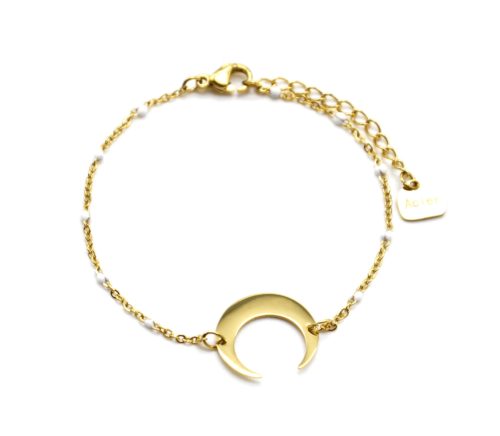 Bracelet-Fine-Chaine-Mini-Perles-Email-Blanc-avec-Corne-Lune-Acier-Dore