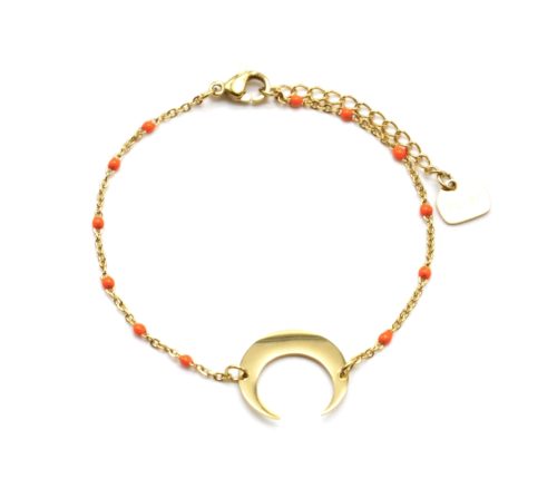 Bracelet-Fine-Chaine-Mini-Perles-Email-Orange-avec-Corne-Lune-Acier-Dore