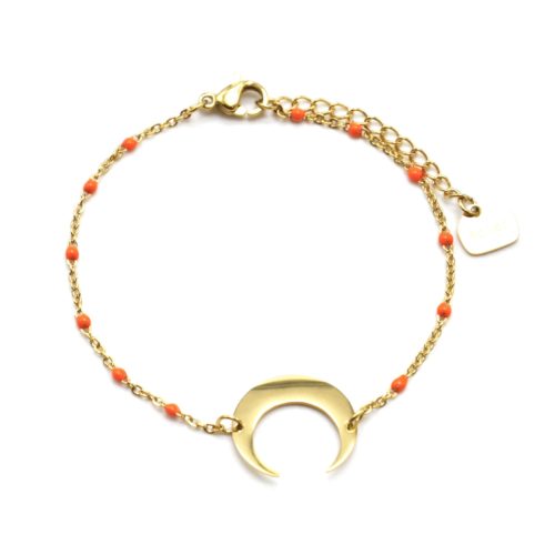 Bracelet-Fine-Chaine-Mini-Perles-Email-Orange-avec-Corne-Lune-Acier-Dore