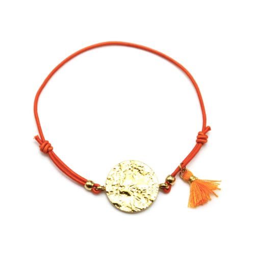 Bracelet-Elastique-Orange-Charm-Medaille-Martelee-Acier-Dore-et-Pompon