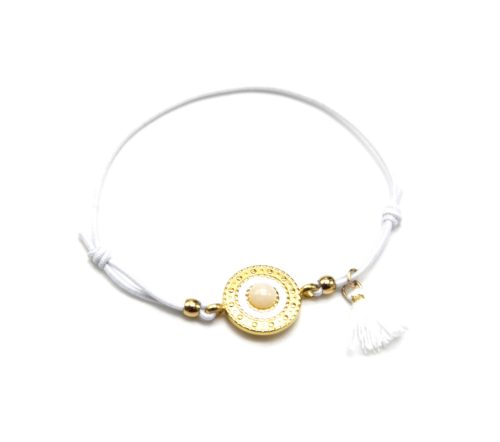 Bracelet-Elastique-Blanc-Charm-Cercle-Ethnique-Acier-Dore-Pierre-et-Pompon