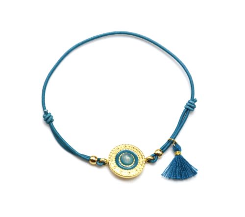 Bracelet-Elastique-Bleu-Charm-Cercle-Ethnique-Acier-Dore-Pierre-et-Pompon