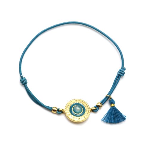 Bracelet-Elastique-Bleu-Charm-Cercle-Ethnique-Acier-Dore-Pierre-et-Pompon