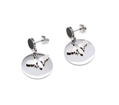 Boucles-dOreilles-Cercle-Noir-et-Medaille-Acier-Argente-avec-Abeille