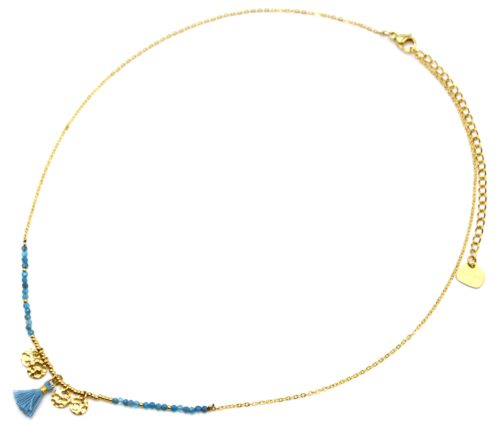 Collier-Fine-Chaine-Acier-Dore-avec-Medailles-Martelees-Perles-et-Pompon-Bleu