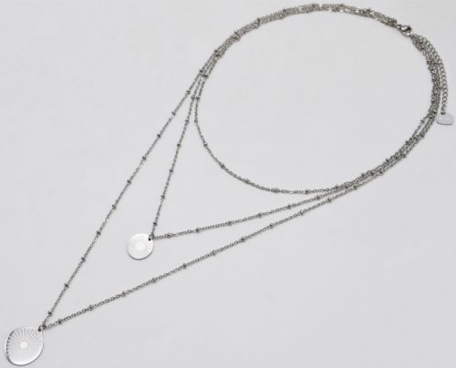 Collier-Triple-Chaine-avec-Boules-et-Medailles-Gravees-Soleil-Acier-Argente