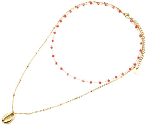 Collier-Double-Chaine-avec-Perles-Oranges-et-Cauri-Acier-Dore