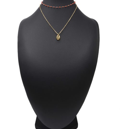 Collier-Double-Chaine-avec-Perles-Oranges-et-Cauri-Acier-Dore