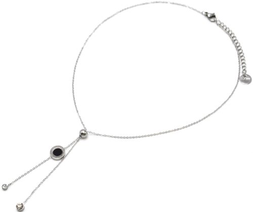 Collier-Fine-Chaine-Acier-Argente-Pendentif-Y-Boule-Cercle-Noir-et-Pierres